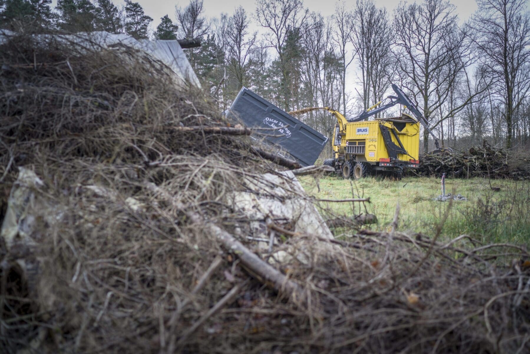 Rishög av GROT och energived som ska flisas